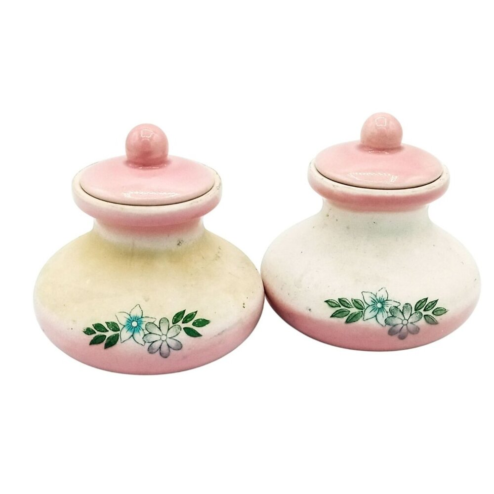 Vanity Jars Porcelain Vintage Pink White Pottery Lids Flowers 2 Inch Miniature
